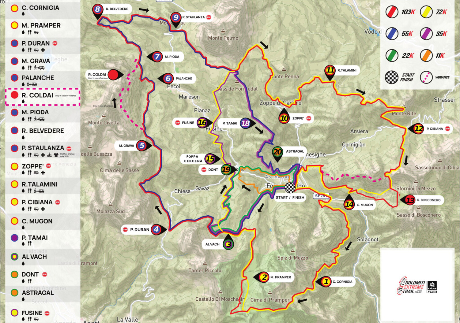 Mappa dei punti di accesso e ristoro lungo il percorso del Dolomiti Extreme Trail